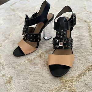 Just Fab Black and Tan Embellished Women's Heels with Acrylic Block Heel